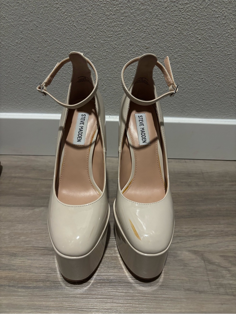 Steve Madden Cream Patent Platform Ankle-Strap Pumps